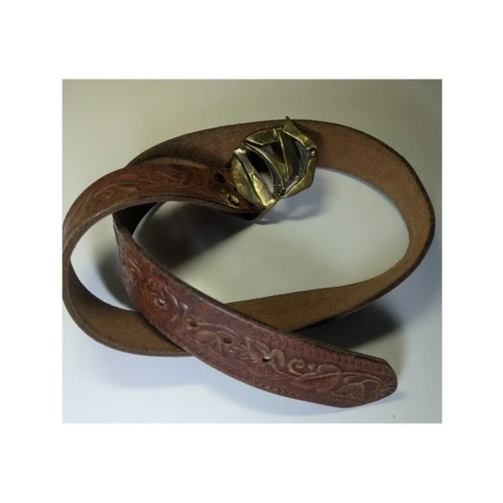 Tooled Leather Belt LMC‎ Vintage Bronze Tone Buckle Brown Floral 38 Inch Unisex